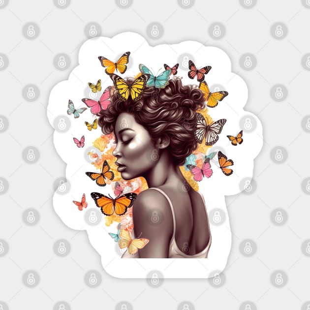 Afro Woman with Butterflies #4 Magnet by Chromatic Fusion Studio
