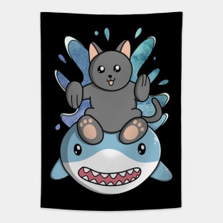 Cat Rides Swimming Shark Tapestry