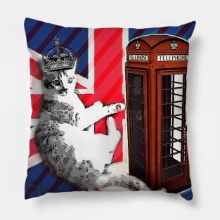 1980s dark academia uk union jack flag london telephone booth funny royal kitty cat Pillow