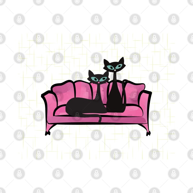 Atomic Kitties Relaxing on a Vintage Styled Sofa by Lisa Williams Design