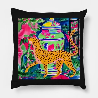 Walking panther and green chinoiserie jar Pillow