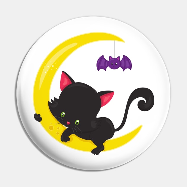 Halloween Cat, Cute Cat, Black Cat, Moon, Bat Pin by Jelena Dunčević