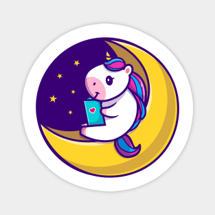 Cute Unicorn Reading Book On Moon Cartoon Magnet