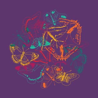 Pattern of colorful neon butterflies over dark violet T-Shirt