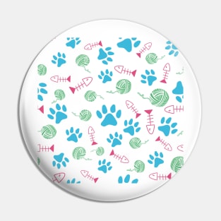 Cat Paw Print, Fish Bones, Ball of Yarn Pattern - Blue Version Pin