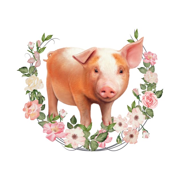 Cute Young Pig Farm Flower Wreath Motive by MarkusShirts