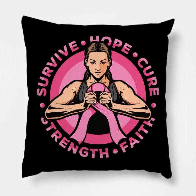 Breast Cancer Awareness Warrior Hope Strength Cure Faith Survive Pillow by RadStar