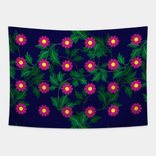 Cerise daisies with Yellow centres over layers of vine leaves on a Navy Blue background Tapestry