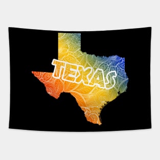 Colorful mandala art map of Texas with text in blue, yellow, and red Tapestry