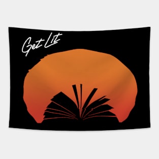 Get lit-album cover parody with a sunset and a book in negative space Tapestry