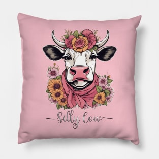 Silly cow heifer highland bovine floral pink design Pillow