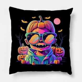 Zombie Boy in Sunglasses Locks Eyes with Furious Spooky Halloween Pumpkins in the Background Pillow