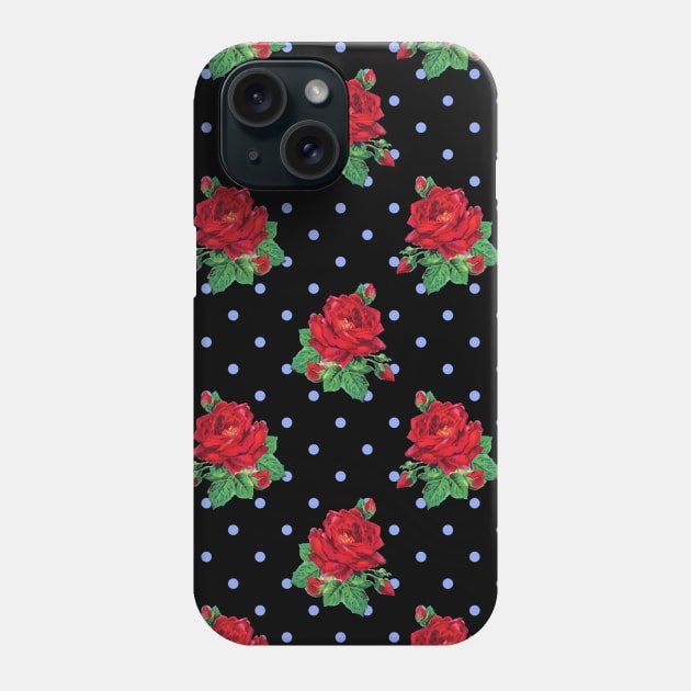 Red vintage roses and blue polka dots on black Phone Case by bettyretro