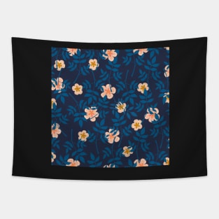 Blue leaf and florals on navy blue Tapestry