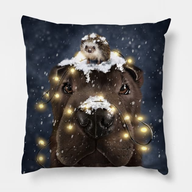 Shar Pei with a hedgehog in the snow Pillow by SharPeiArt