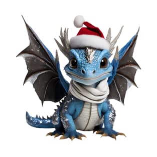 Realistic Artwork of a Cute Blue Baby Dragon Wearing a Red Santa Christmas Hat T-Shirt