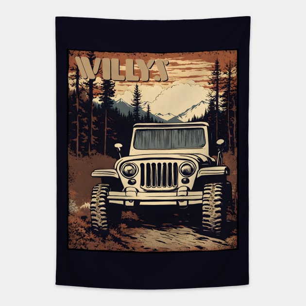 Jeep Willys Rustic Fall Mountain Scene Tapestry by SunGraphicsLab