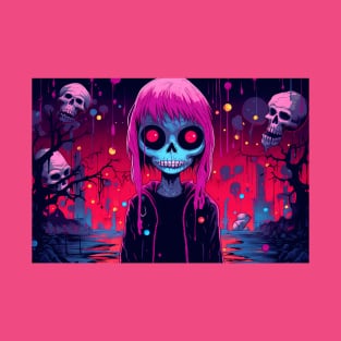 Zombie Skelle Girl Pink Hair T-Shirt