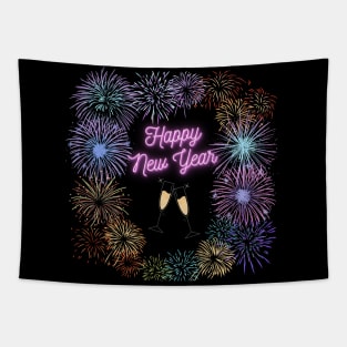 Happy New Year Fireworks and Champagne Flutes Tapestry