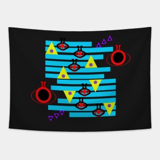 Warning Aliens Up Ahead! A fun abstract design in bright blue, red, yellow and purple. Perfect for fans of sci-fi and retro arcade games. Tapestry