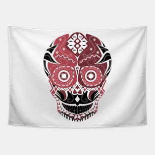 crimson black sugar skull ecopop with a dangerous smile in mexican pattern design Tapestry