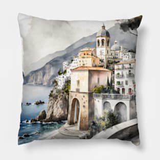 Watercolor Painting Positano Amalfi Coast Italy Pillow