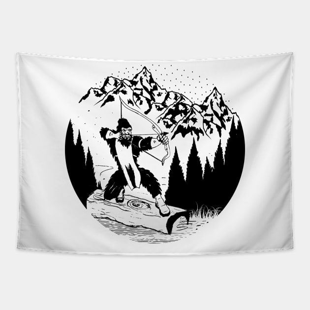 Bigfoot Bow Hunting Silhouette Mountains Gifts Tapestry by Tesszero