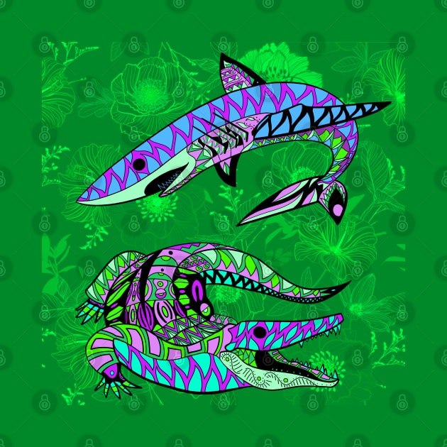 the king shark and the king gator in mandala pattern jungle by jorge_lebeau