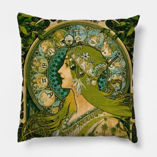 Emerald Green Astrology Poster | Alphonse Mucha Pillow