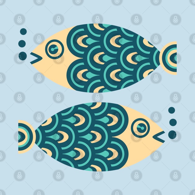 TWO FUN SWIMMING GEOMETRIC FISH Retro in Dark Blue, Turquoise and Cream - UnBlink Studio by Jackie Tahara by UnBlink Studio by Jackie Tahara