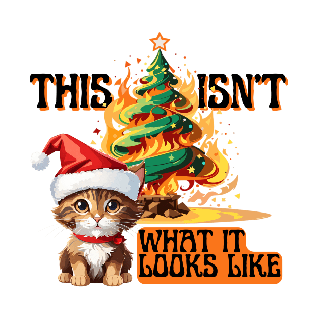 Funny Christmas Cat with Santa Hat Sitting in Front of Burning Tree by TheCloakedOak