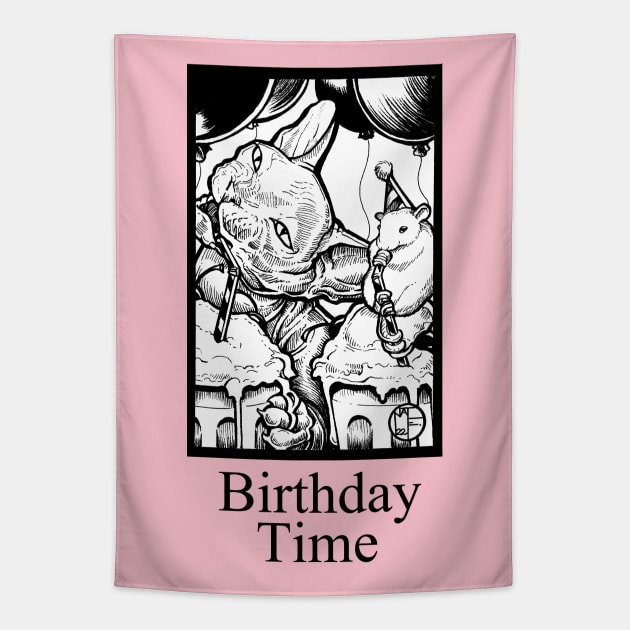 Cat and Mouse Birthday - Birthday Time - Black Outlined Version Tapestry by Nat Ewert Art