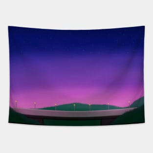 Late Sunset Bridge in the Hills Landscape Painting - Relaxing Anime Scenery Tapestry