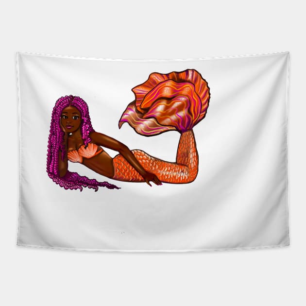 Cute African American mermaid pink Afro hair braids ocea sea life melanin queen black mermaids Tapestry by Artonmytee