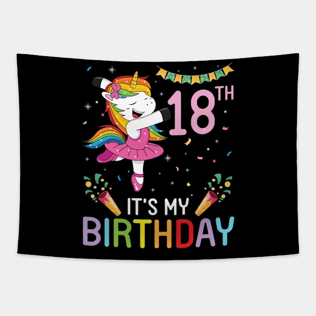 Unicorn Dancing Congratulating 18th Time It's My Birthday 18 Years Old Born In 2003 Tapestry by bakhanh123