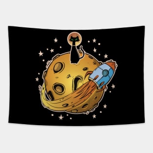 Cat in Space - Funny Space Cat with Rocket and Moon Graphic Tapestry