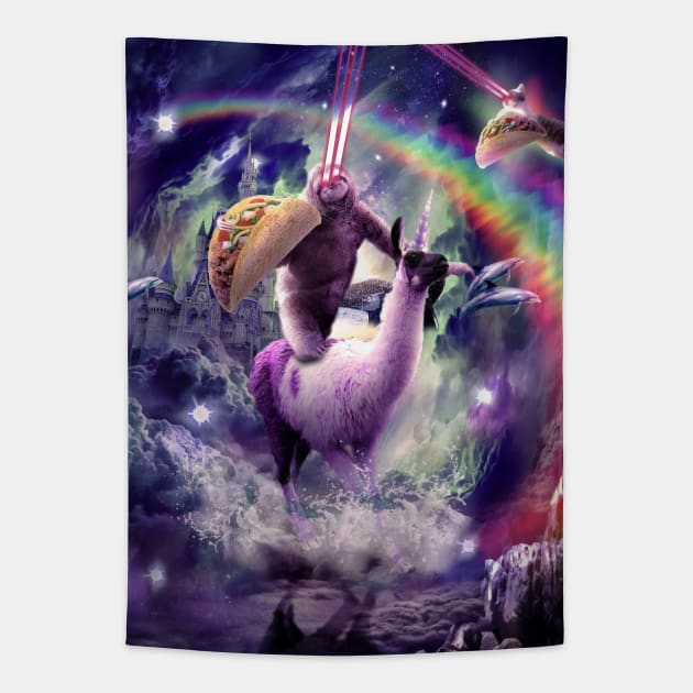 Rainbow Laser Sloth On Llama Unicorn Eating Taco Tapestry by Random Galaxy