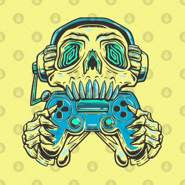 A skull gamer holding a light blue joystick controller and wearing headphone. by Semenov