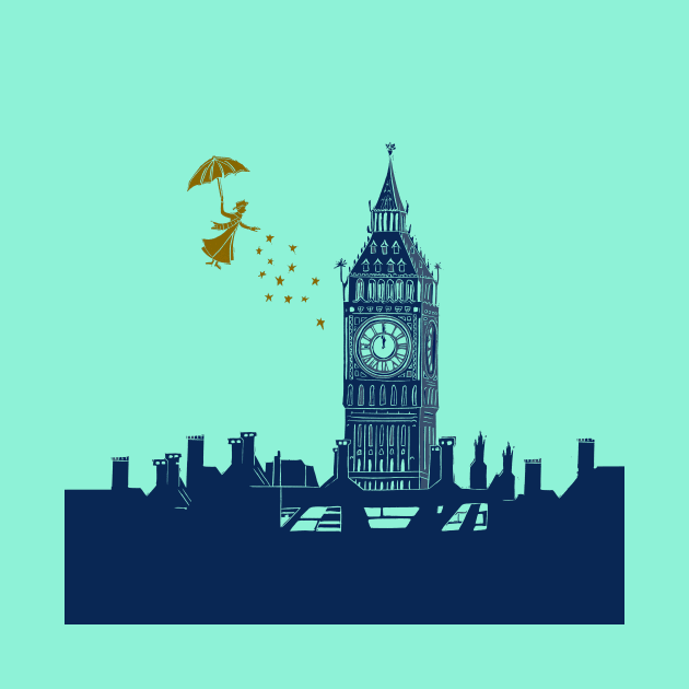 Mary Poppins and Big Ben Linocut print in blue and mint green by Maddybennettart