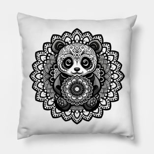 Cute baby black panda mandala art design Pillow