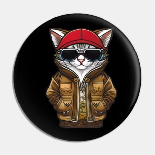 Cool Cartoon Cat in Jacket, Cap, and Sunglasses Pin