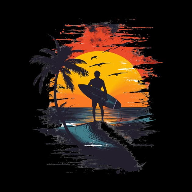 Sunset Surf Serenity - Palm and Surfer Silhouette by Visual Arts Oasis