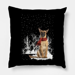 Chistmas Belgian Malinois With Scarf In Winter Forest Pillow