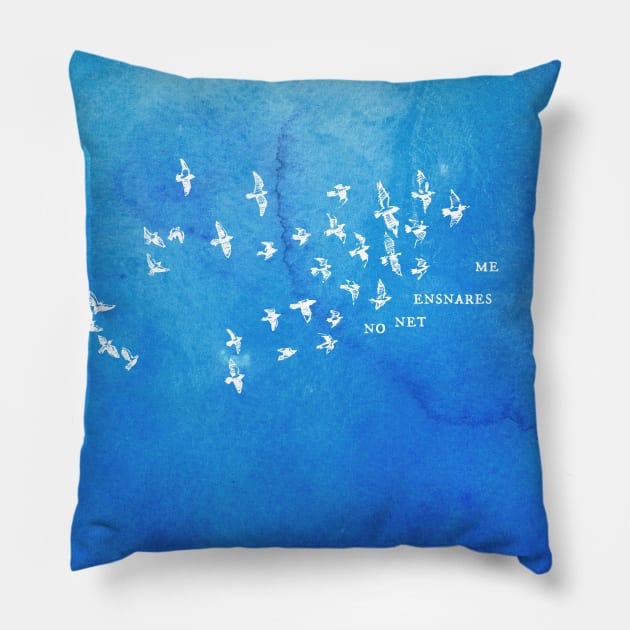 "No net ensnares me" + flock of birds - Jane Eyre quote, Charlotte Bronte (white text on blue watercolor) Pillow by Ofeefee