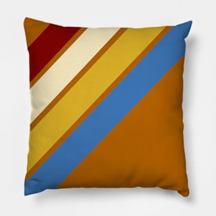 Retro, Vintage Diagonal Stripe Pattern, Crimson, Cream, Yellow, and Blue on Orange Pillow