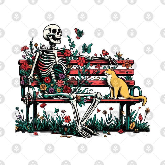 Curious Cat with bench floral bench skeleton by Art from the Machine