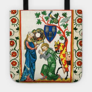 KNIGHT BEING ARMED BY HIS LADY ,MEDIEVAL MINIATURE WITH WILD ROSES Tote