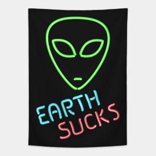 Earth Sucks Humorous Neon Extraterrestrial Alien Head Tapestry