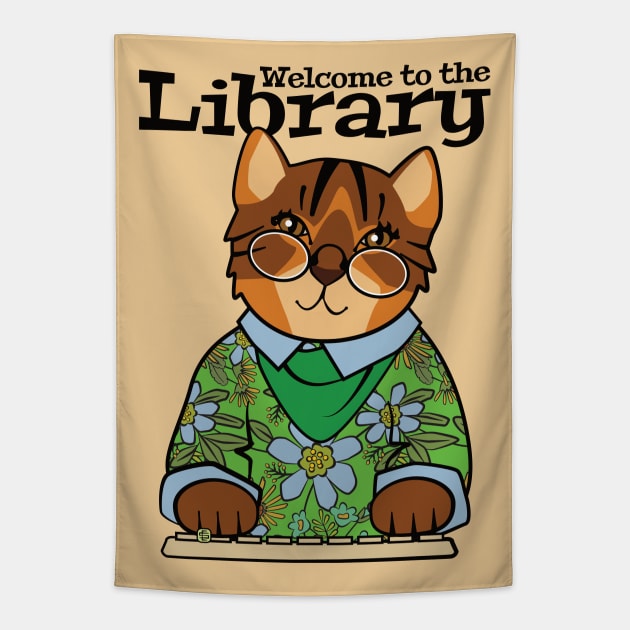 Welcome to the Library Brown Cat Tapestry by Sue Cervenka