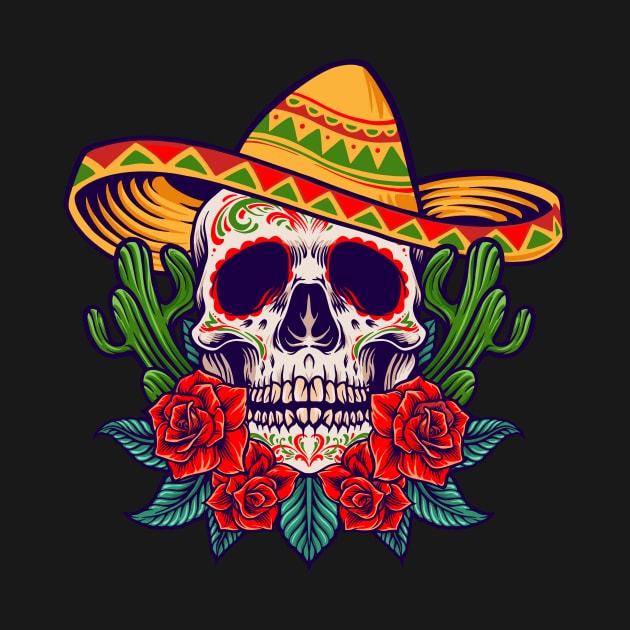 Day of the Dead Skull with Sombrero, Roses and Cactus by SLAG_Creative